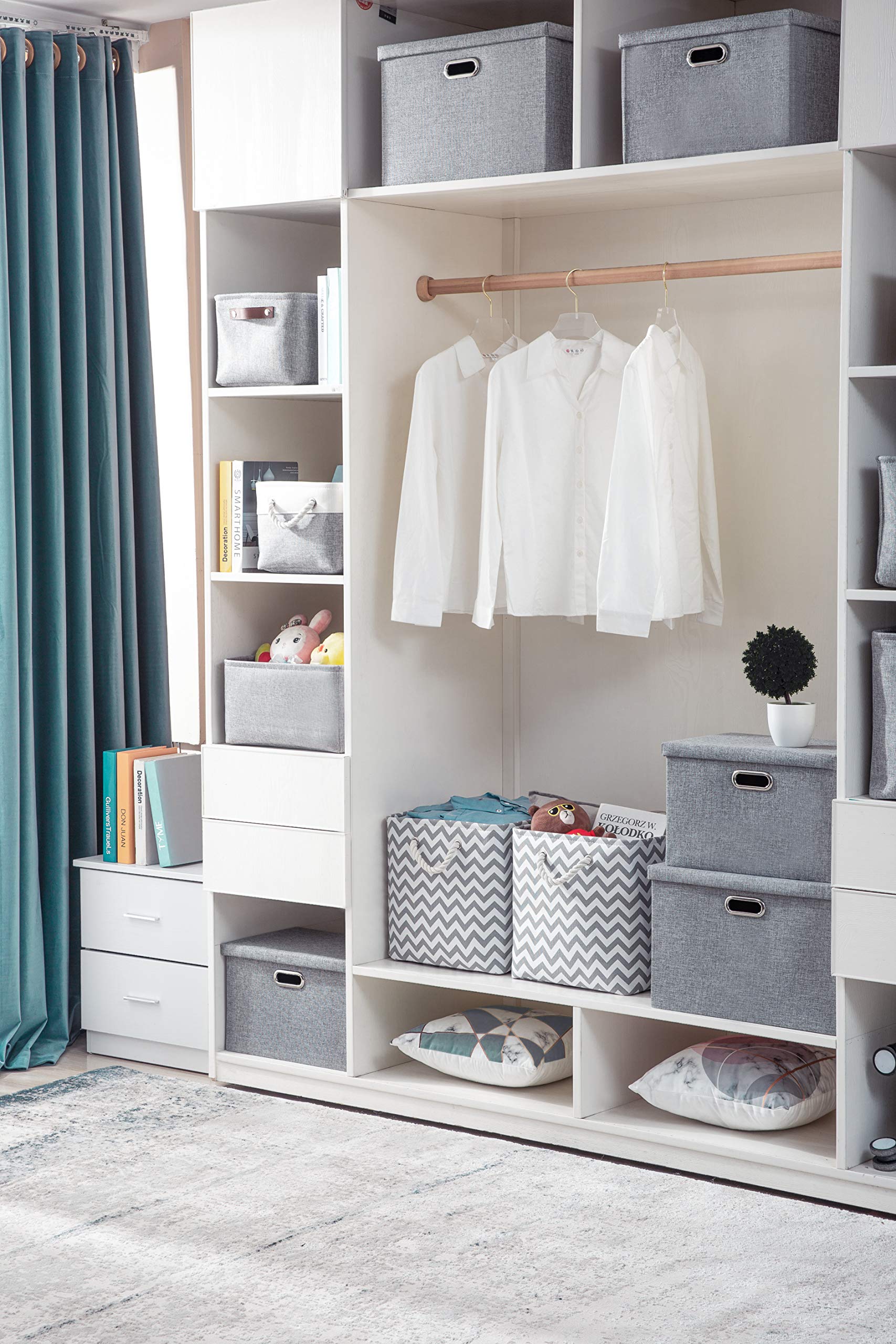 AlphaHome Set of 3 Storage Boxes with Lid, Collapsible Storage Basket for Closet and Shelf (Glaucous Grey, XLarge - 3 Pack)