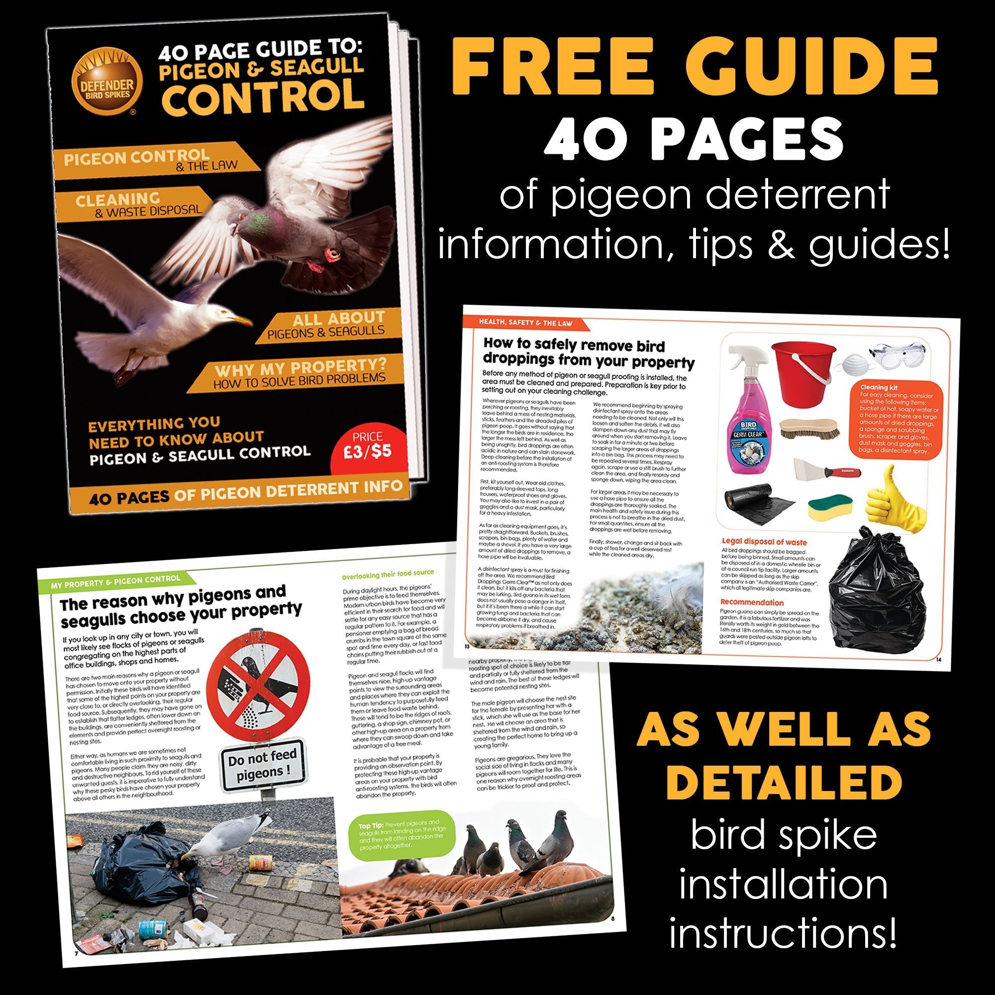Defender Seagull Spikes Pack | 6 m | Glue | Bird Control Guide | Various Size Packs