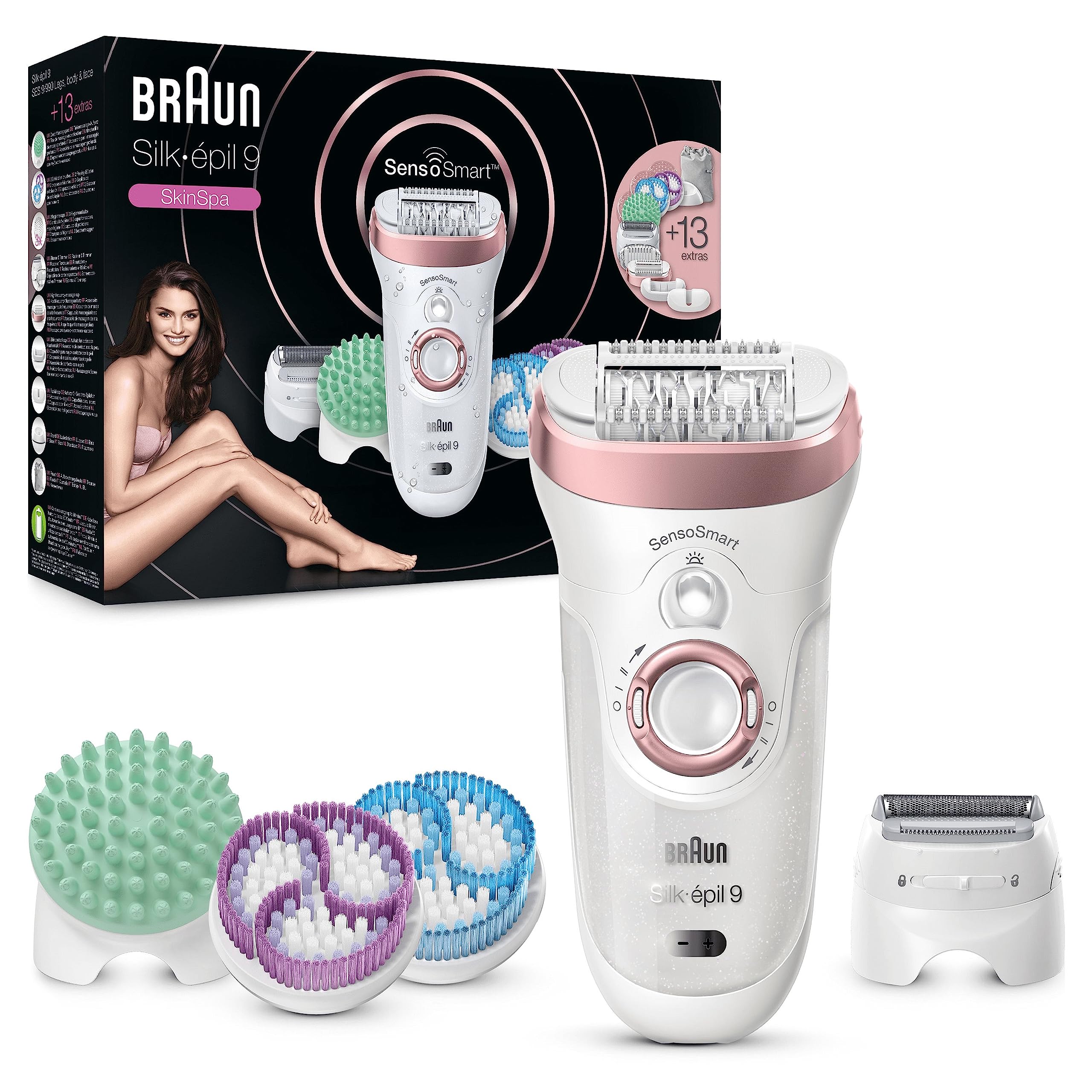 Braun Silk-épil 9, Epilator with Pivoting Head for Easy Hair Removal, Wet & Dry, Lasting Smooth Skin, with Lady Shaver Head & Trimmer Comb, 9-441, White/Silver with EU Plug