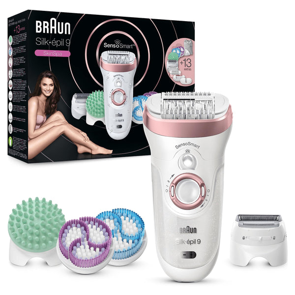 Braun Silk-épil 9, Epilator with Pivoting Head for Easy Hair Removal, Wet & Dry, Lasting Smooth Skin, with Lady Shaver Head & Trimmer Comb, 9-441, White/Silver with EU Plug