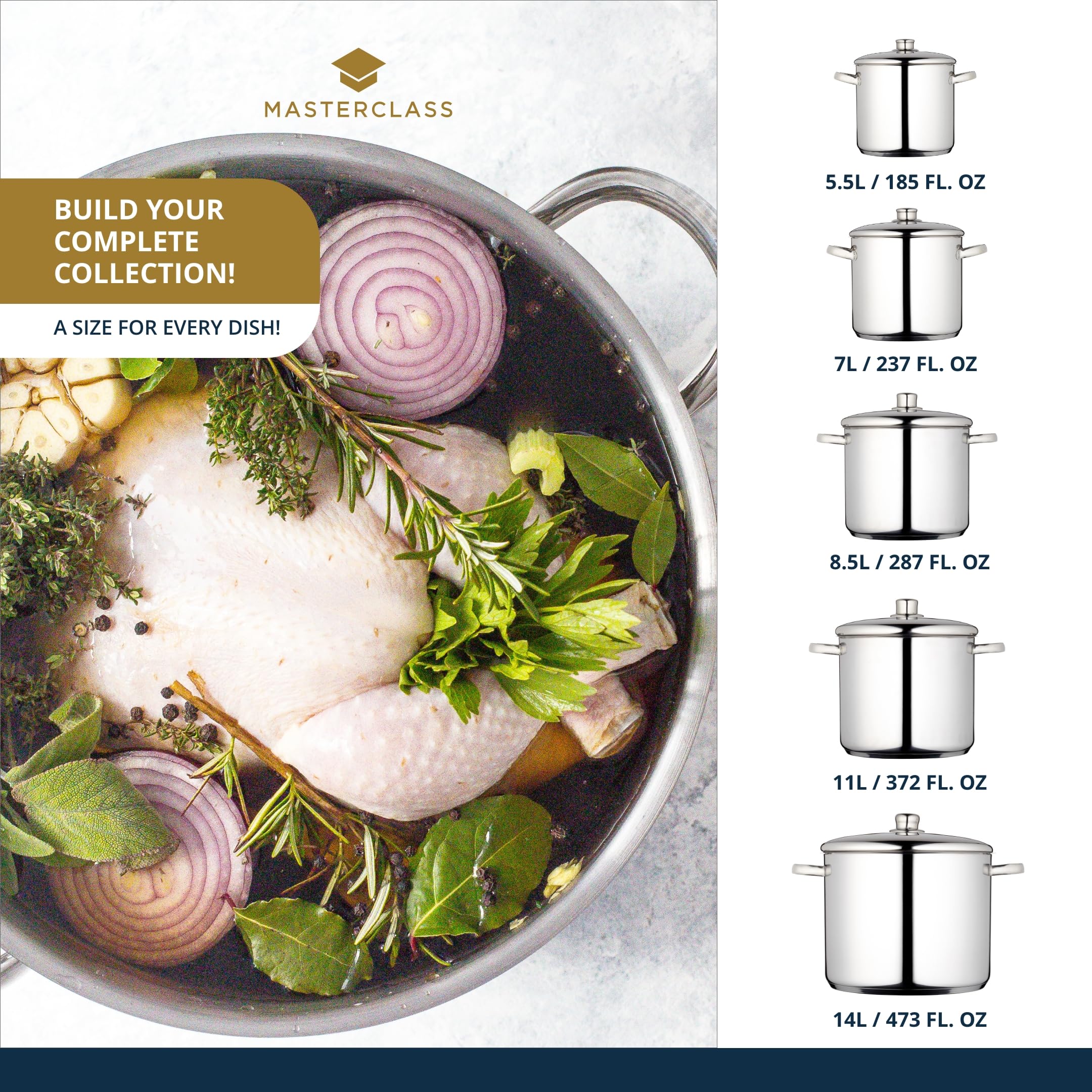 MasterClass Stock Pot With Lid 8.5L/24cm, Induction-Safe, Stainless Steel, Silver