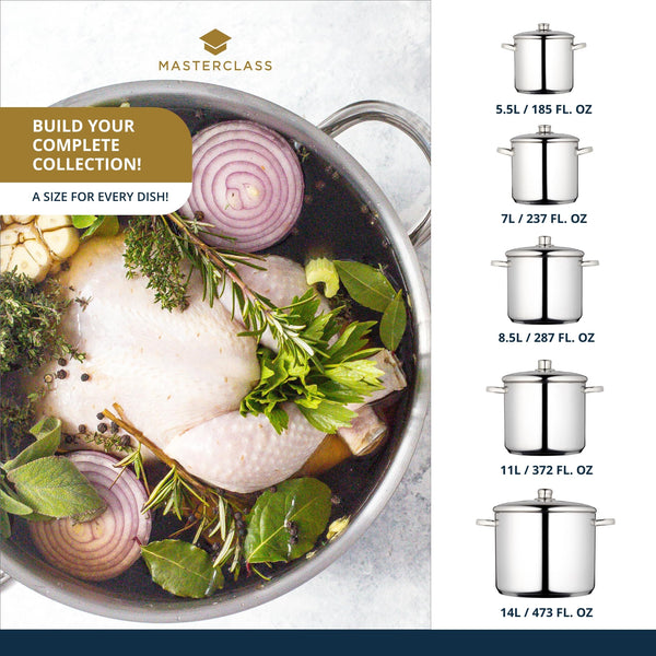 MasterClass Stock Pot With Lid 8.5L/24cm, Induction-Safe, Stainless Steel, Silver