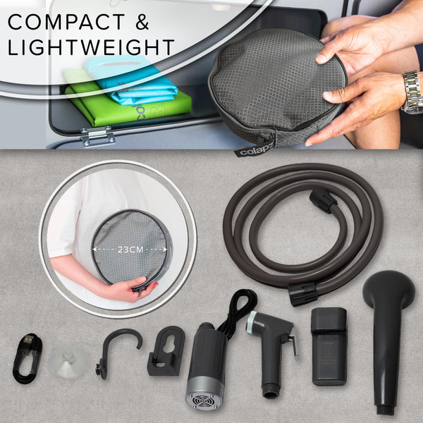 Colapz USB Rechargeable Camping Shower - Portable Shower for Dogs - High Pressure Jet Wash for Bikes - 1 Shower Head - 1 Jet Head - Carry Case Included - Campervan Essentials