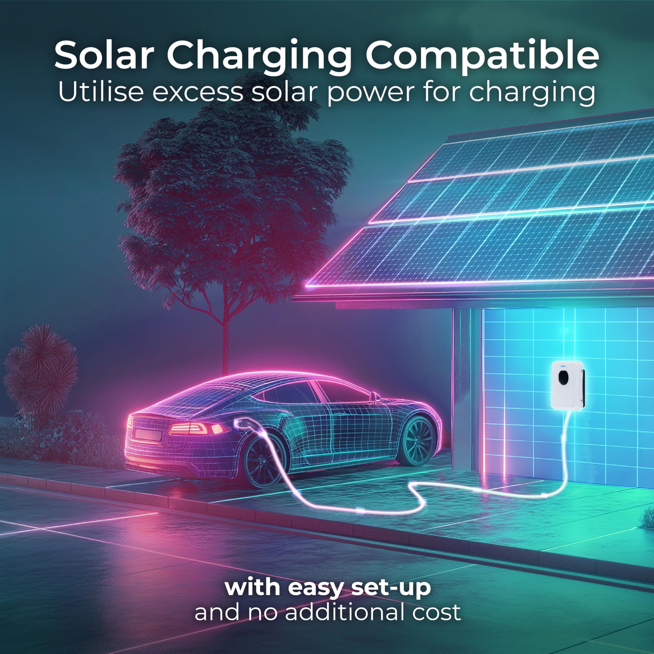 Masterplug Smart EV Home Wall Charger for Type 2 Electric and Plug-In Hybrid Vehicles, Tethered with 5m Cable, Mode 3, App Control, Solar Charging, Single Phase, Black, IP55, 7.4kW, 32A, EVCM3ST7B-MP