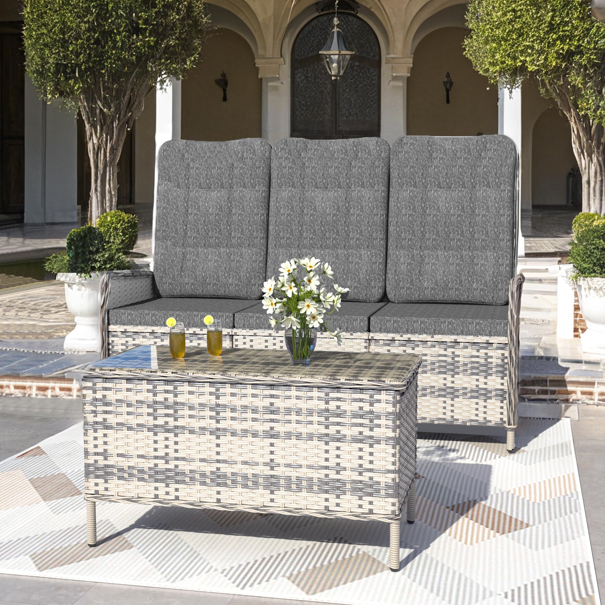 Trumbeak Polyrattan Lounge Set - 3 People Garden Furniture Seating Set Table - Seat Set with Adjustable Backrest Made of Garden Sofa, Side Table for Garden, Black