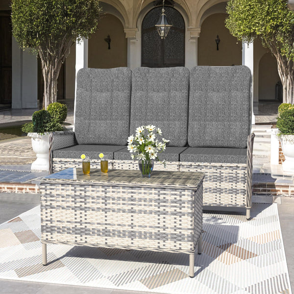 Trumbeak Polyrattan Lounge Set - 3 People Garden Furniture Seating Set Table - Seat Set with Adjustable Backrest Made of Garden Sofa, Side Table for Garden, Black