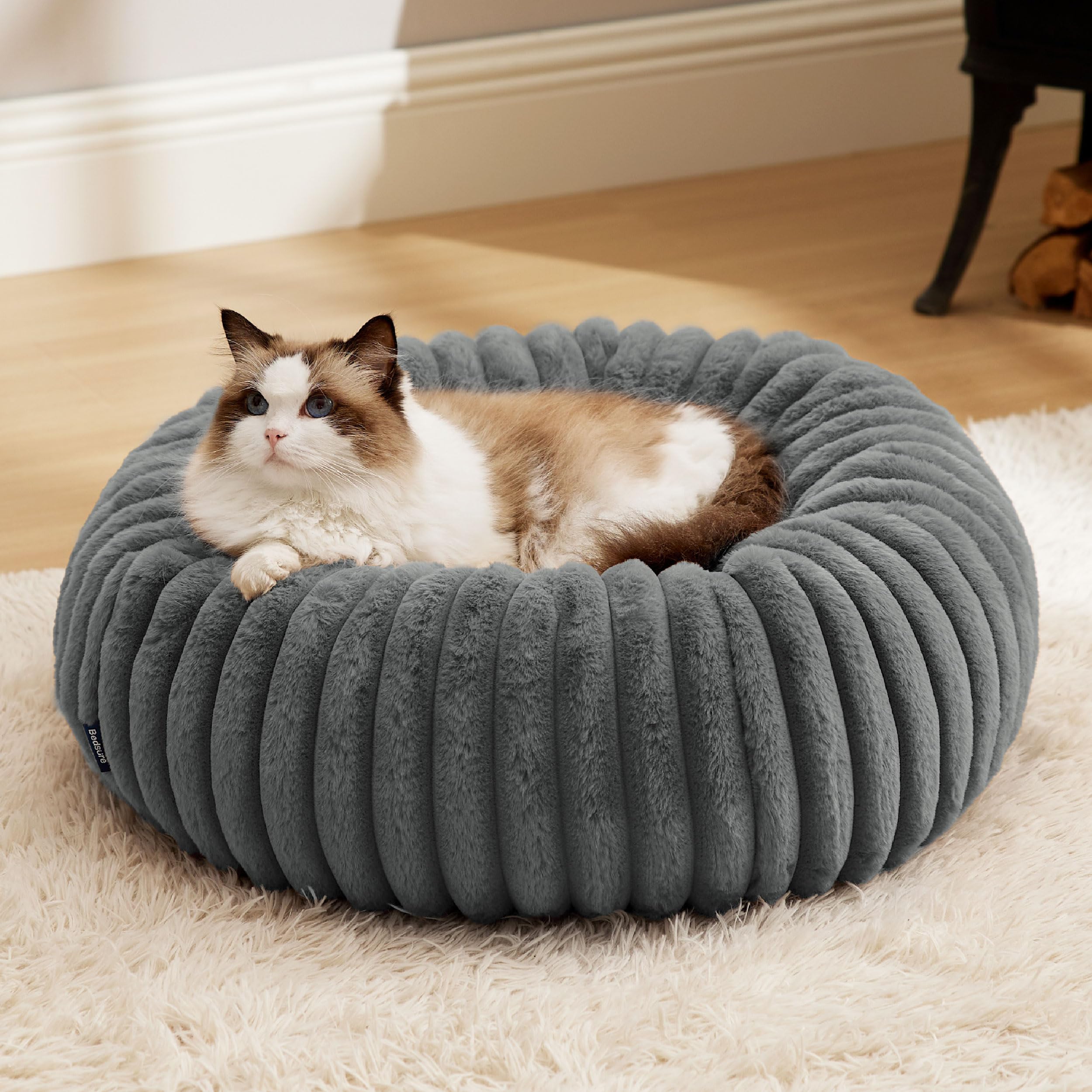 Bedsure Cat Bed for Indoor Cats - 51x51x15 cm Fluffy Cat Donut Bed with Corduroy Fleece & Anti Slip Bottom, Puppy Kitten Beds Washable with Removable Cover, Dark Grey