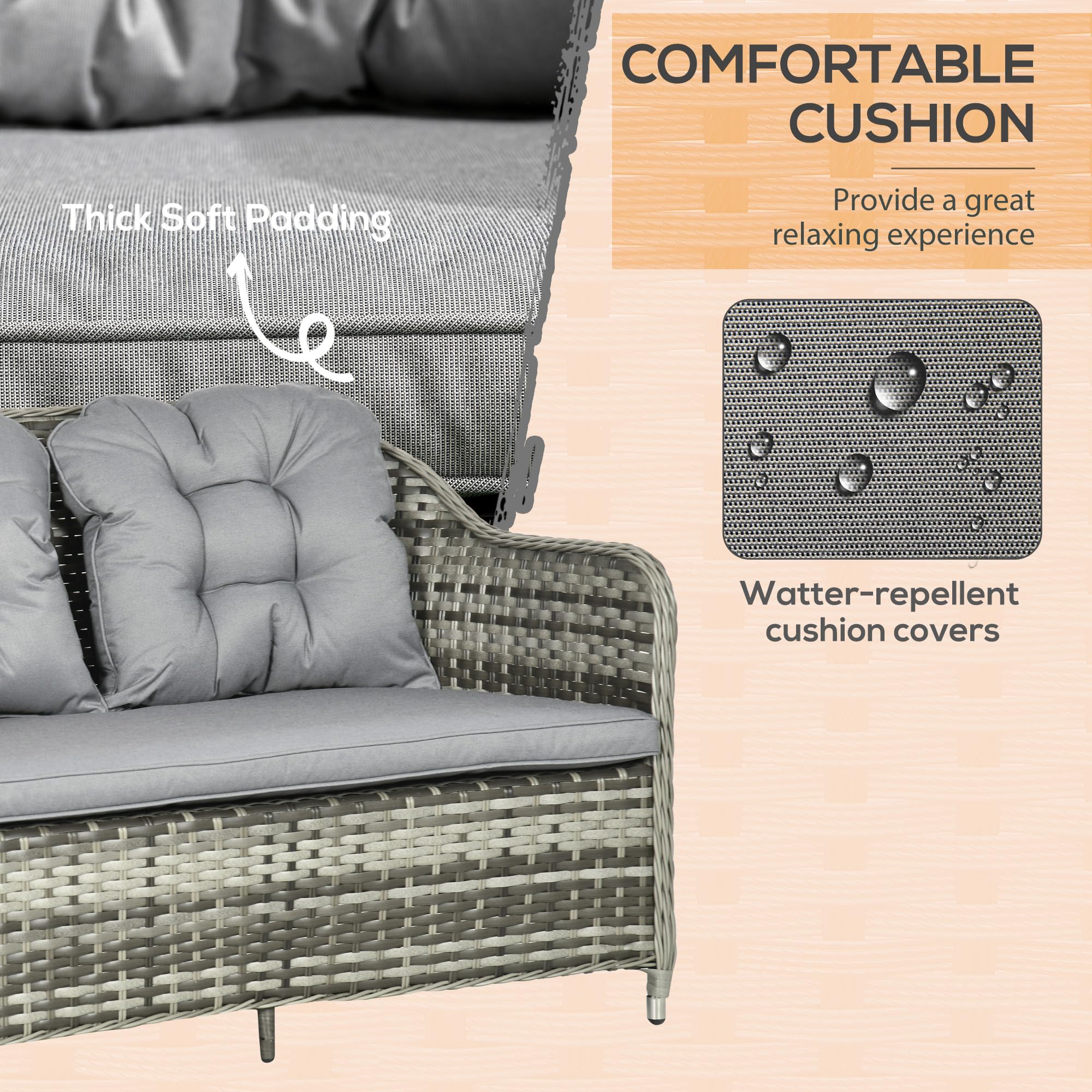 Outsunny 4 Pieces Rattan Garden Furniture Set, Round Wicker Garden Sofa Set with Loveseat, Armchairs and Glass Top Table, Outdoor Conservatory Furniture with Cushions for Patio, Balcony, Light Grey