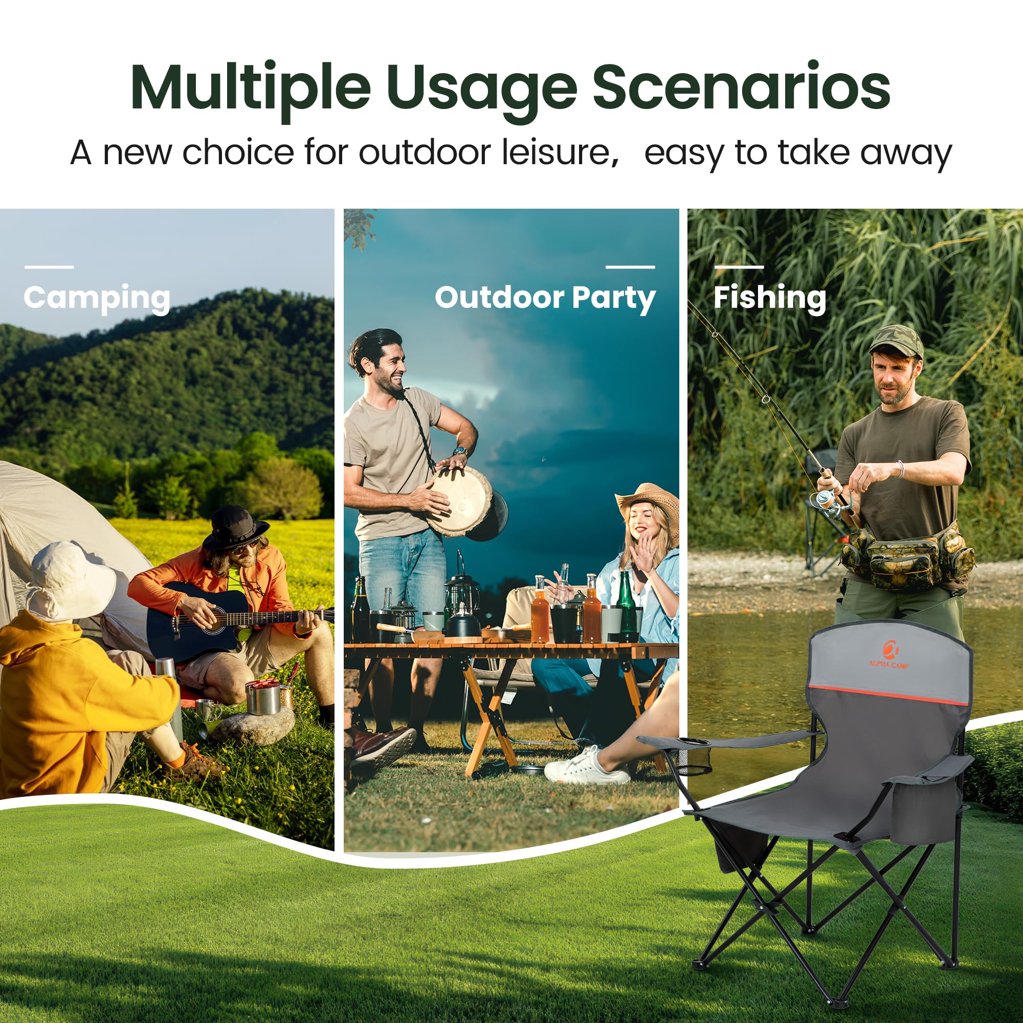 ALPHA CAMP Set of 2 Folding Camping Chairs with Cooler Bag & Cup Holder & Side Pocket Up to 120kg, Lightweight and Portable Camping Chair for Adults, Black