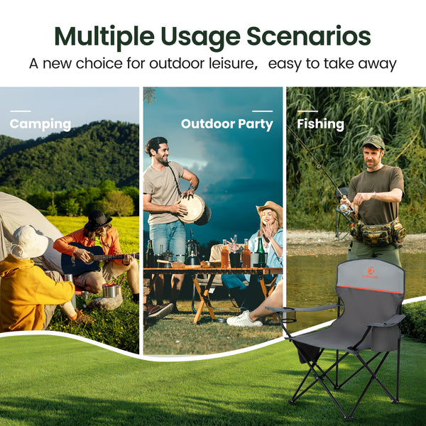 ALPHA CAMP Set of 2 Folding Camping Chairs with Cooler Bag & Cup Holder & Side Pocket Up to 120kg, Lightweight and Portable Camping Chair for Adults, Black