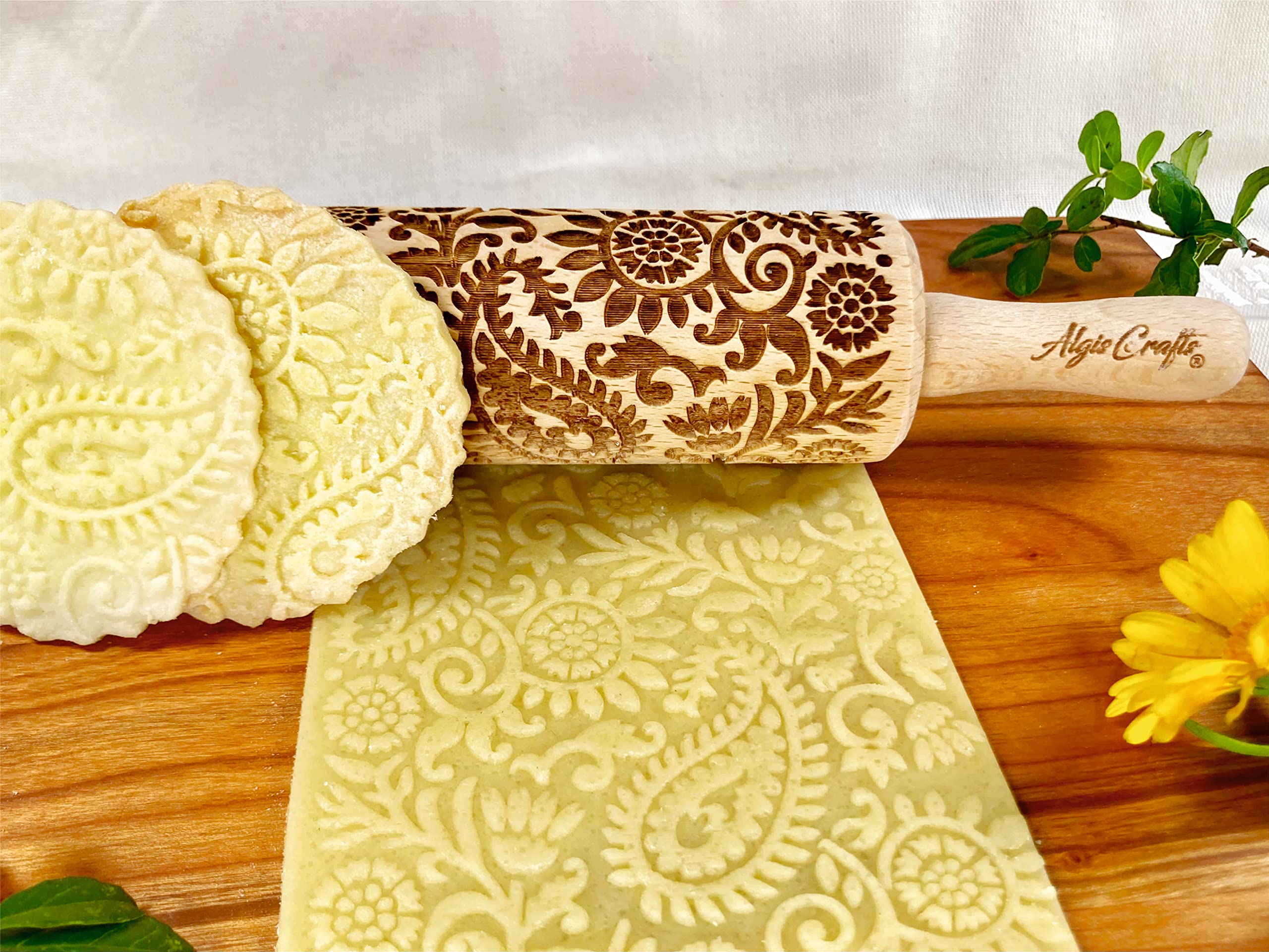 FLORAL 3 Small Textured Rolling Pinset. Wooden laser engraved embossing dough roller for embossed cookies gift for birthday, Easter, Christmas by