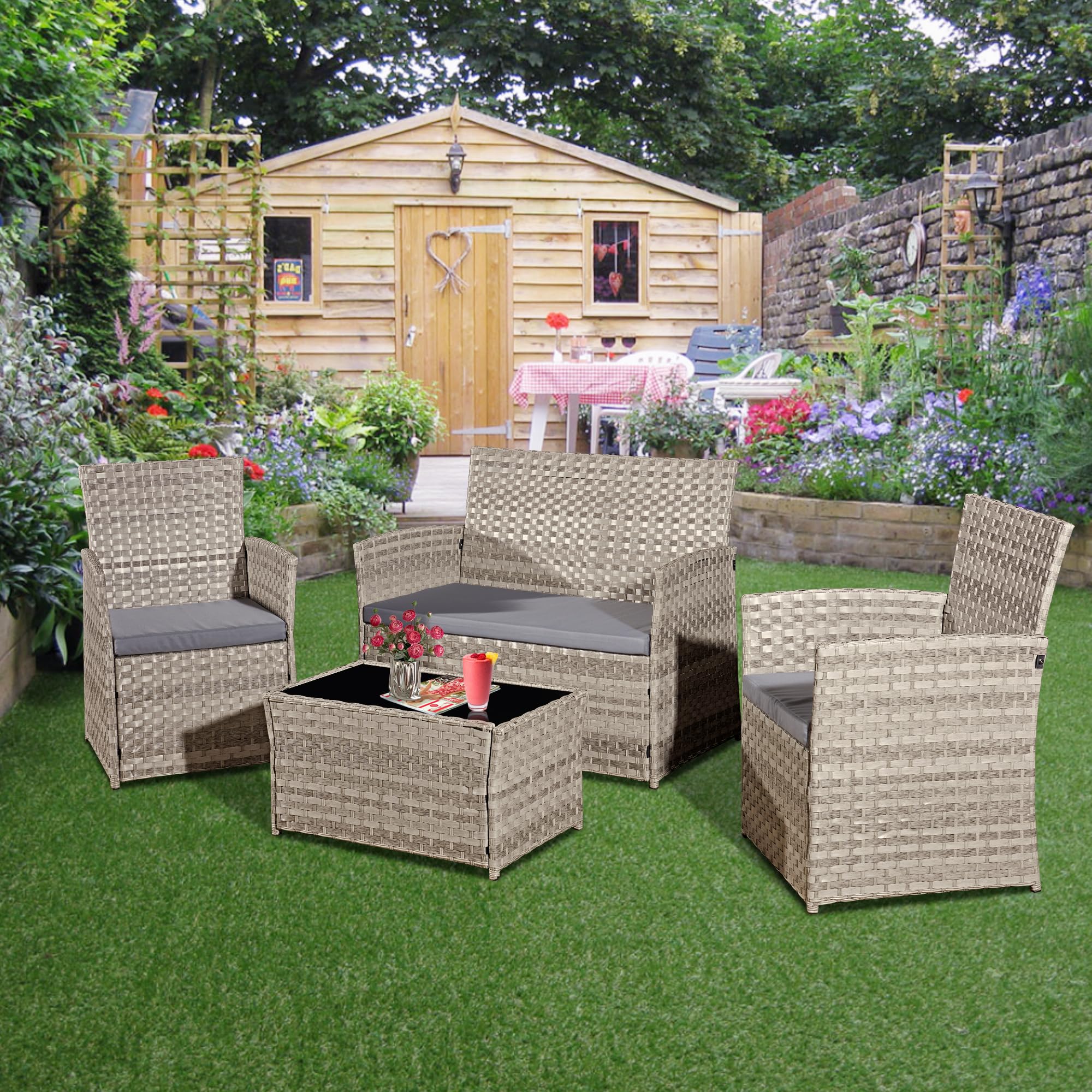 4 Piece Rattan Garden Furniture Sets, Patio Conservatory Set, Include Rattan loveset Sofa, Chair, Glass Coffee Table