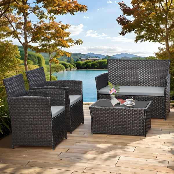 4 Piece Rattan Garden Furniture Sets, Patio Conservatory Set, Include Rattan loveset Sofa, Chair, Glass Coffee Table