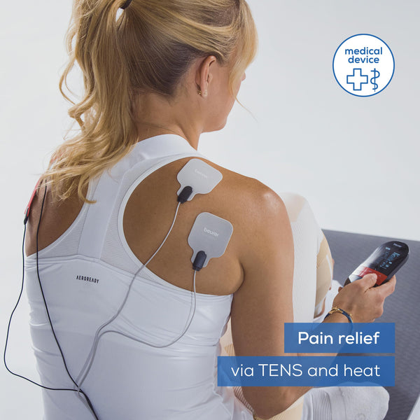 Beurer EM59 Digital TENS/EMS Device with Heat, 4-in-1 stimulation device for pain therapy, muscle stimulation, massage and heat therapy, 4 electrodes, 70 programmes, 50 intensity levels