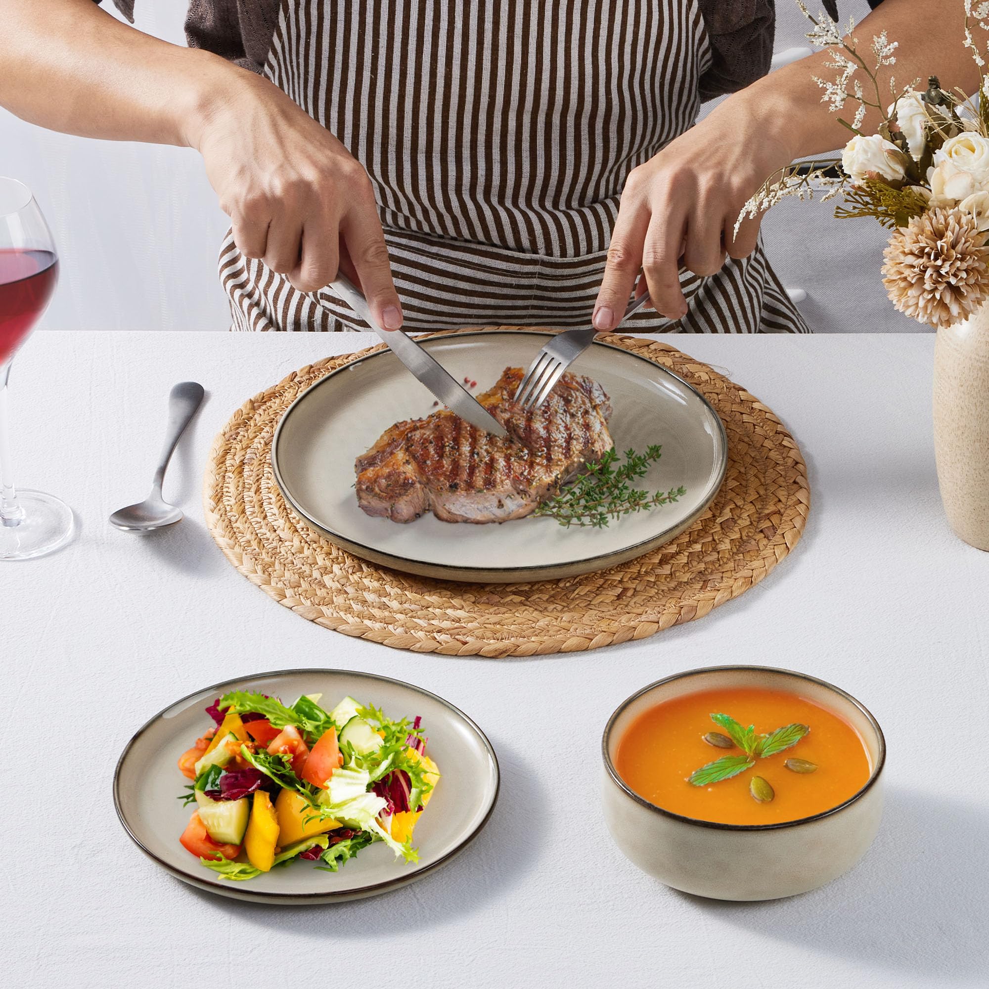 Homikit 12 Piece Dinner Set, Reactive Glaze Kitchen Dinnerware Sets for 4, Elegant Stoneware Included Plates and Bowls, Non-Scratch & Sturdy,