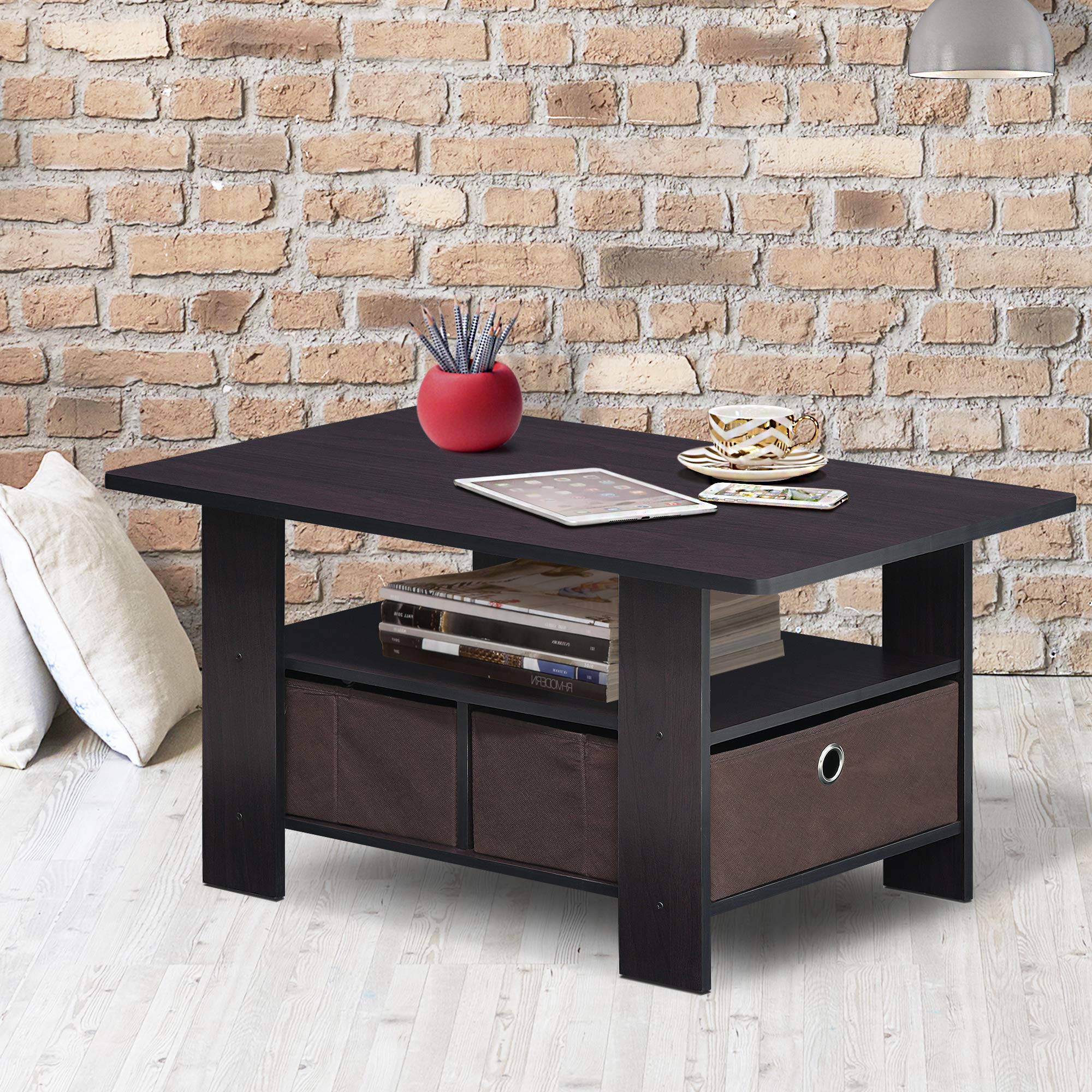 Furinno Andrey Coffee Table with Bin Drawer, Dark Walnut, 80 (W) x 39.6 (H) x 48.3 (D) cm