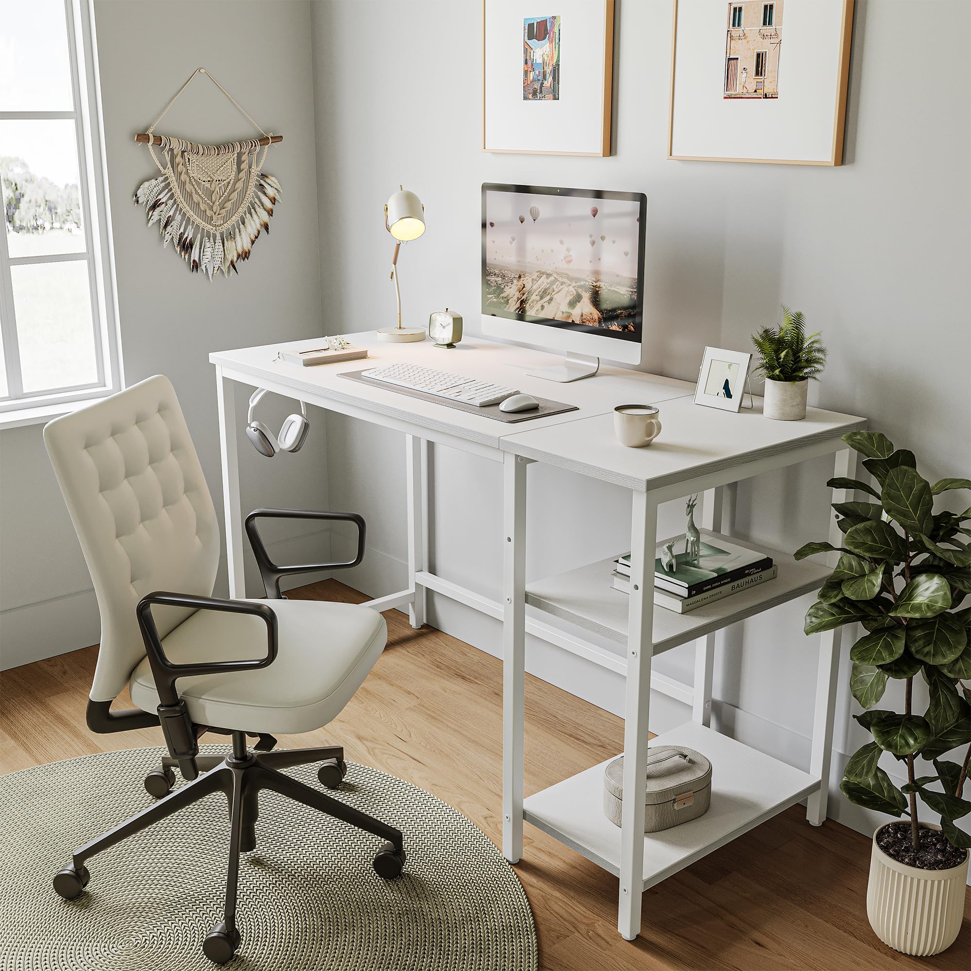 CubiCubi Computer Desk with Monitor Stand and Storage Shelves, 120cm Home Office Desk Study Writing Table, White