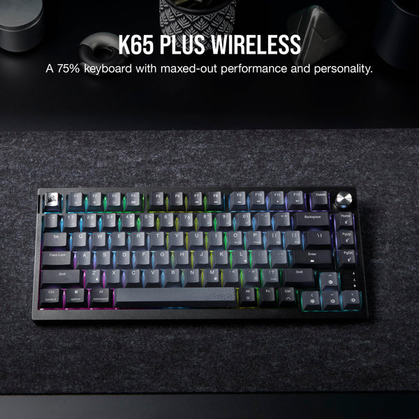 Corsair K65 PLUS WIRELESS 75% RGB Hot-Swappable Mechanical Gaming Keyboard – Pre-Lubricated MLX Fusion Tactile Switches – Dual-Layer Sound Dampening – PBT Keycaps – QWERTY UK – Black