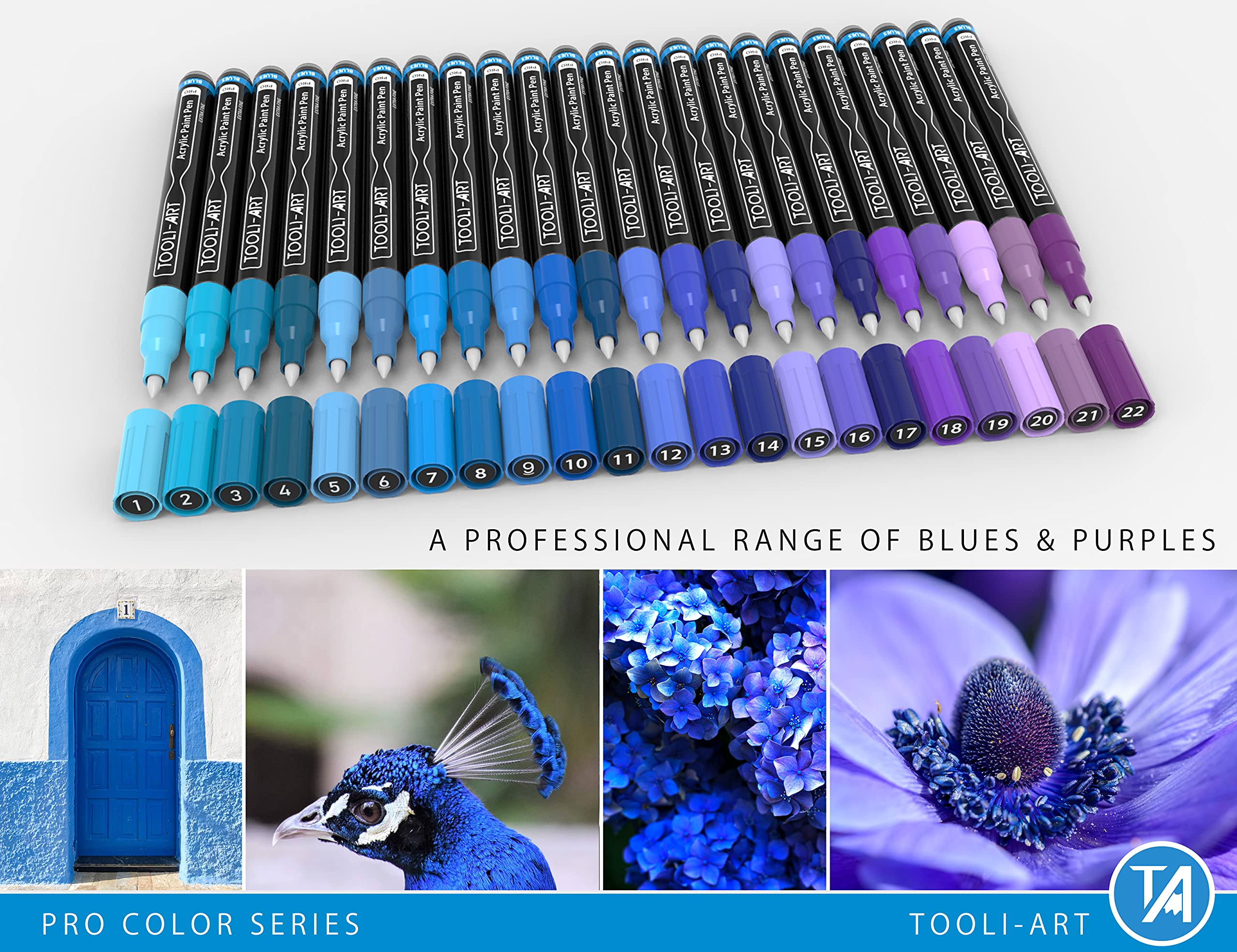 Acrylic Paint Pens 22 Blue & Purple Tones Assorted Pro Colour Series Markers Set 0.7mm Extra Fine Tip for Rock Painting, Glass, Mugs, Wood, Metal,