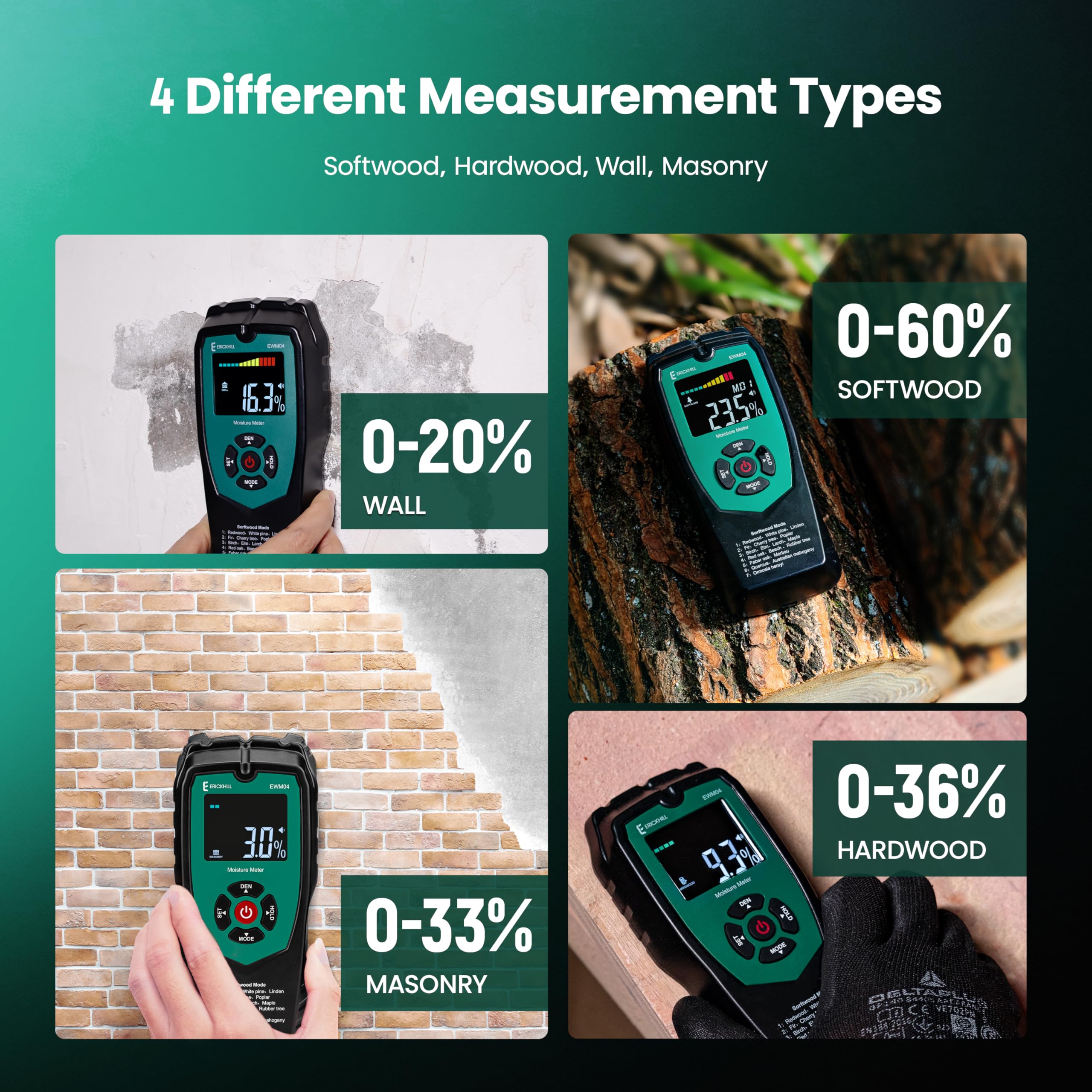 ERICKHILL Wood Moisture Meter, Non-Invasive Damp Meter Detector with 4 Modes, LCD Display with Backlight, Wood and Building Material Dampness Inspection, Moisture Detectors for Wood, Drywall