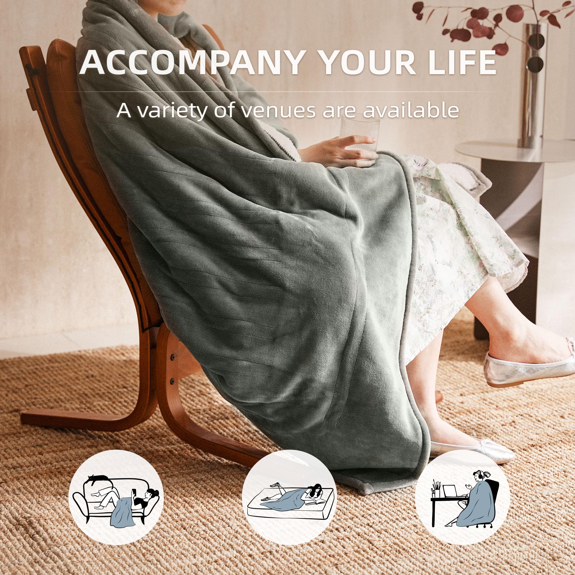 JET'S HOME Electric Blanket 130x160cm - Heated Blanket 6 Heat Settings Digital Controller Adjustable Timer up to 10 Hours - Heated Throw Machine