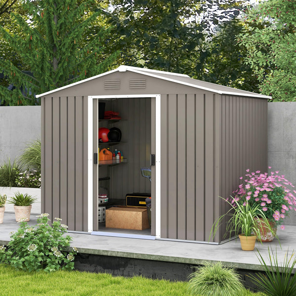 Outsunny 7.7 x 5.7ft Metal Garden Shed with Ventilation Slots and Sliding Doors, Galvanised Outdoor Tool Storage House, Grey