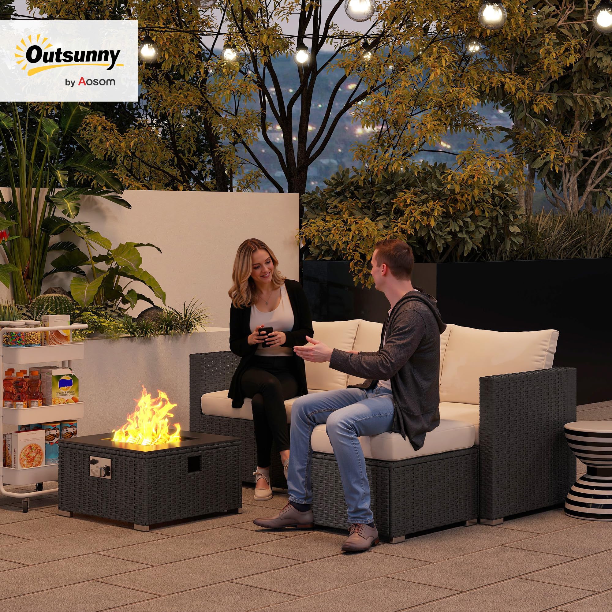 Outsunny 5 Piece Rattan Garden Furniture Set with Gas Fire Pit Table, 4 Seater Outdoor Sectional Sofa Set with Footstool and Removable Cushions, Modular Combination, Brown and Cream White