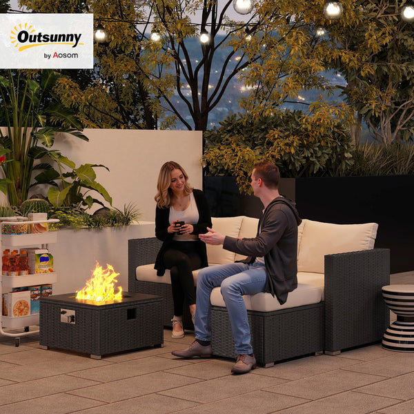 Outsunny 5 Piece Rattan Garden Furniture Set with Gas Fire Pit Table, 4 Seater Outdoor Sectional Sofa Set with Footstool and Removable Cushions, Modular Combination, Brown and Cream White