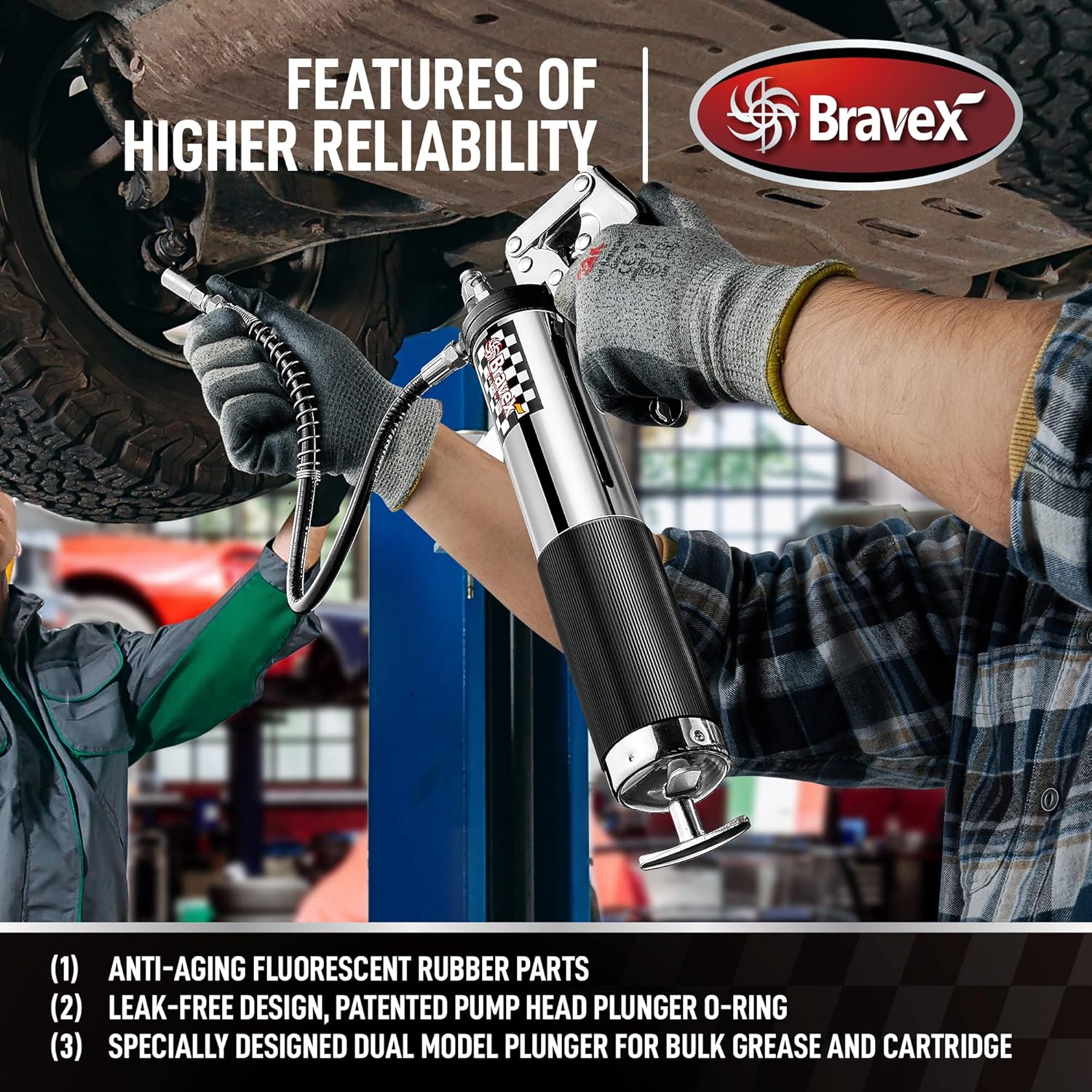 Bravex Grease Gun W/Quick Release Coupler, Pistol Grip Grease Gun Heavy Duty Professional - 18 inch Flex Hose Silver