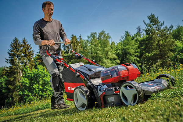 Einhell Power X-Change 36/43 Cordless Lawnmower With Battery (x2) and Charger (x2) - 36V, 43cm Cutting Width, 63L Grass Box, 6 Cutting Heights, Mulching - GE-CM 43 Li M Battery Lawn Mower Red / Black