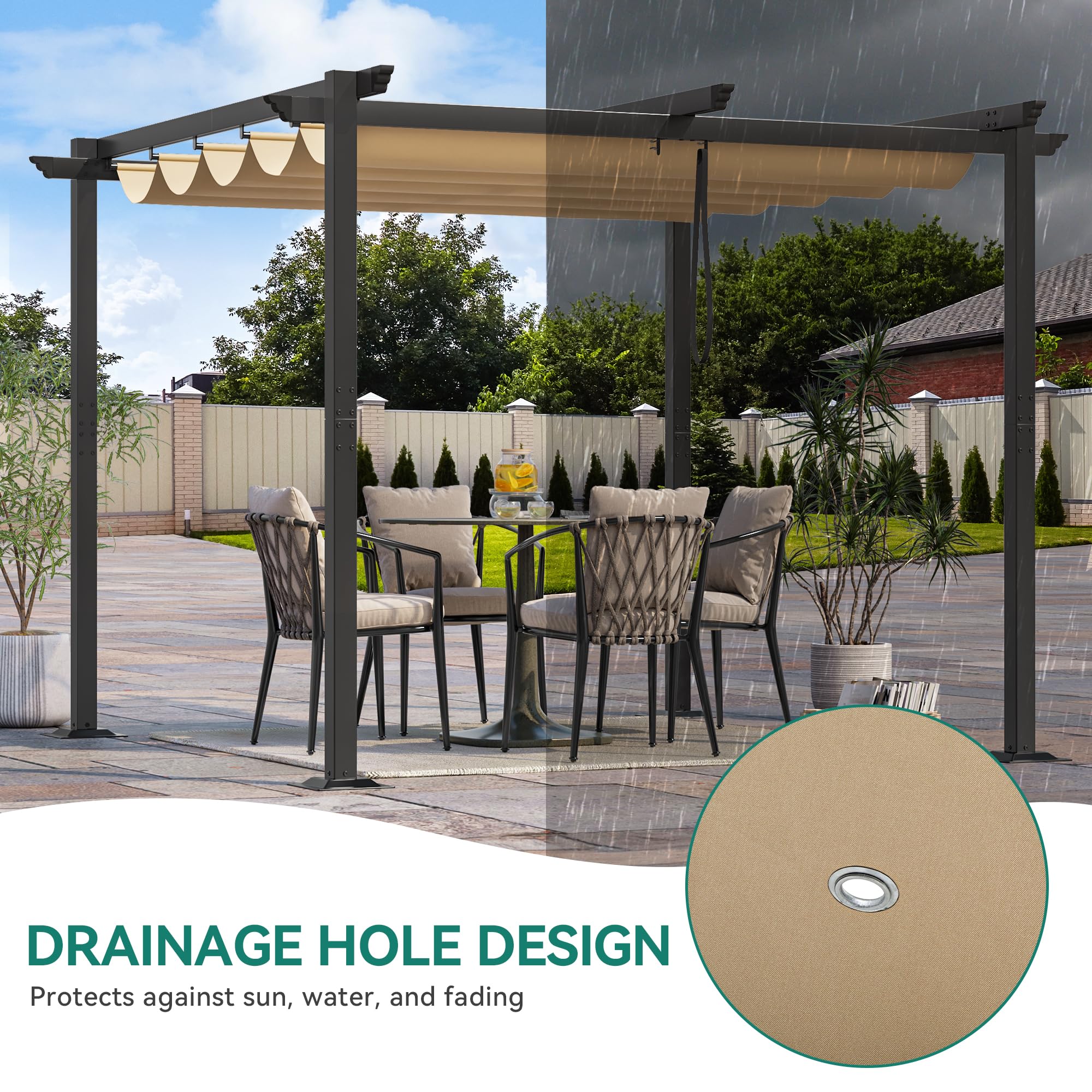 Metal Pergola with Retractable Roof, Outdoor Pergola Includes Water-Resistant and SPF 15 PU Coated Canopy, Sun Shade for Barbecue Events, Garden Parties, and Lawn in Dark grey 3x3Meter