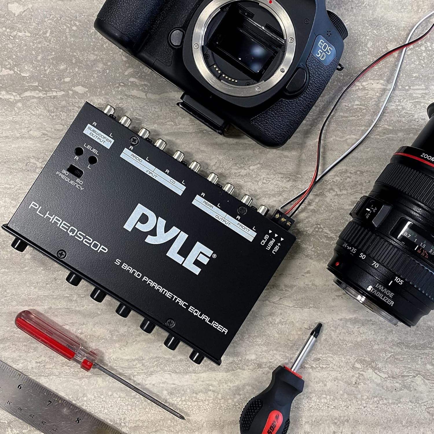 Pyle Car Audio Equalizer, Half-DIN 5-Band Parametric Equalizer with Subwoofer Gain Control, RCA AUX Input, Preamp Outputs, Fader, Adjustable Frequency, LED Illumination, 12V Trigger (7” x 4” x 1”)