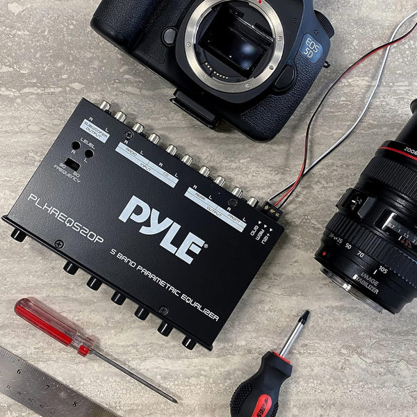 Pyle Car Audio Equalizer, Half-DIN 5-Band Parametric Equalizer with Subwoofer Gain Control, RCA AUX Input, Preamp Outputs, Fader, Adjustable Frequency, LED Illumination, 12V Trigger (7” x 4” x 1”)