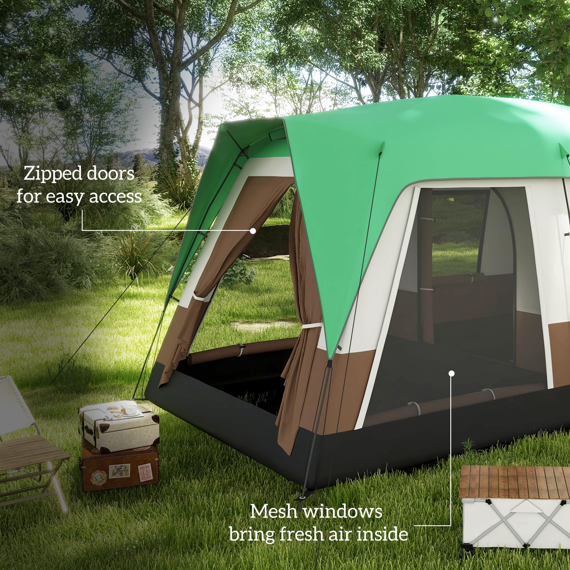 Outsunny 6-7 Man Camping Tent with 2 Rooms, 3000mm Waterproof Family Tent with Sewn in Groundsheet and Top Light Hook, Portable with Bag, for Fishing Hiking Festival