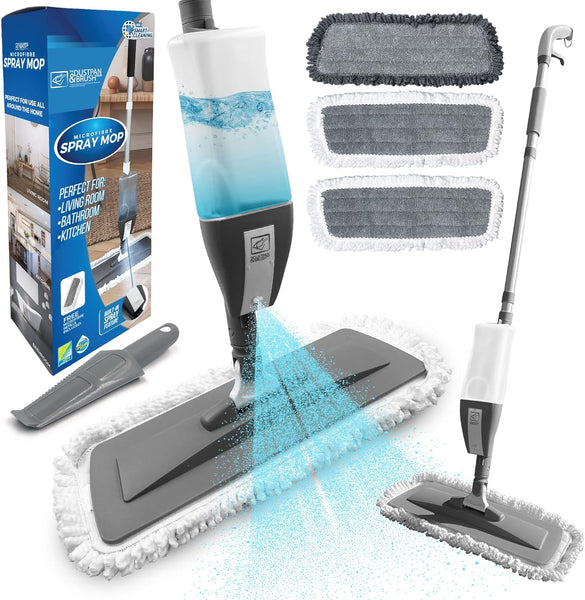 Microfibre Floor Spray Mop Dry Wet Mop Kitchen Floor Cleaning 360° Swivel Head Suitable for Cleaning Tile Laminate Hardwood Ceramic with 3 Replacement Pads, 600ML Refillable Bottle & 1 Scraper