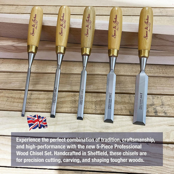 Spear & Jackson SJ5PCSET 5-Piece Professional Wood Chisel Set - Handcrafted in Sheffield, England - Ideal for Precision Cutting, Carving & Shaping
