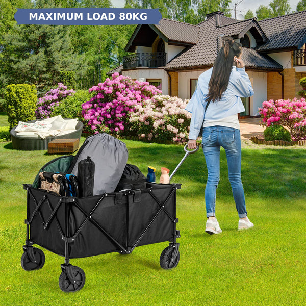 COSTWAY Folding Camping Wagon, Collapsible Beach Garden Trolley with Cup Holders and Adjustable Handle, Canvas Transport Utility Cart for Shopping Gardening Sporting Events (Navy Blue)