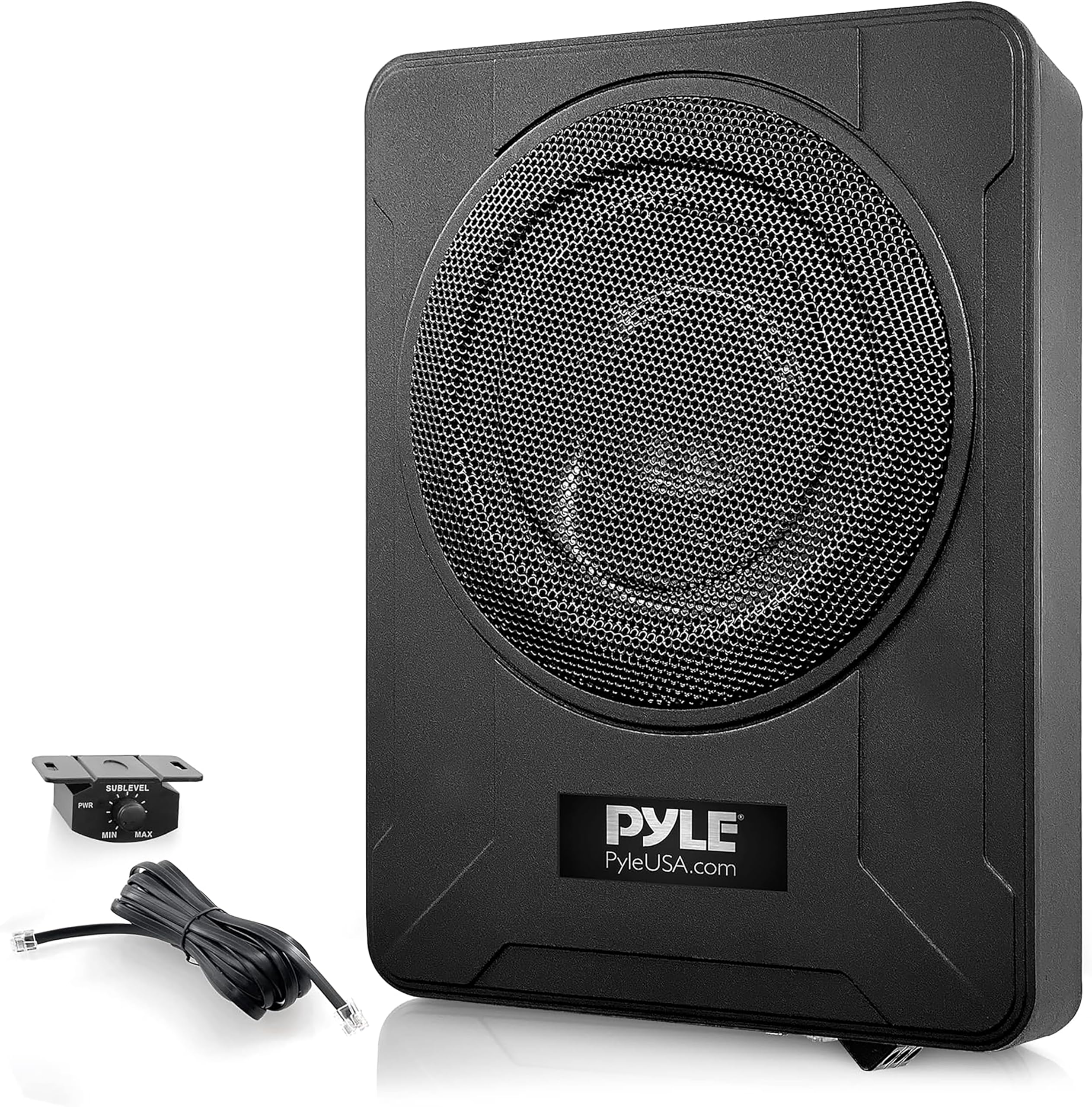 Pyle 8-Inch Low-Profile Amplified Subwoofer System - 600 Watt Compact Enclosed Active Marine Underseat Car Subwoofer with Built in Amp, Powered Car Subwoofer w/Low & High Level Inputs