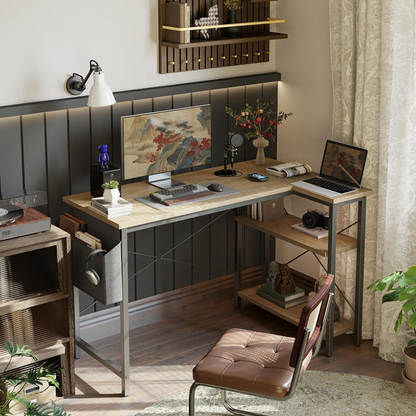 BEXEVUE L Shaped Gaming Desk, 100x70 cm Computer Desk with Storage Bag, Office Desk Small Writing Table with Large Reversible Storage Shelves, Workstation for Study Play Work Home Office, Black