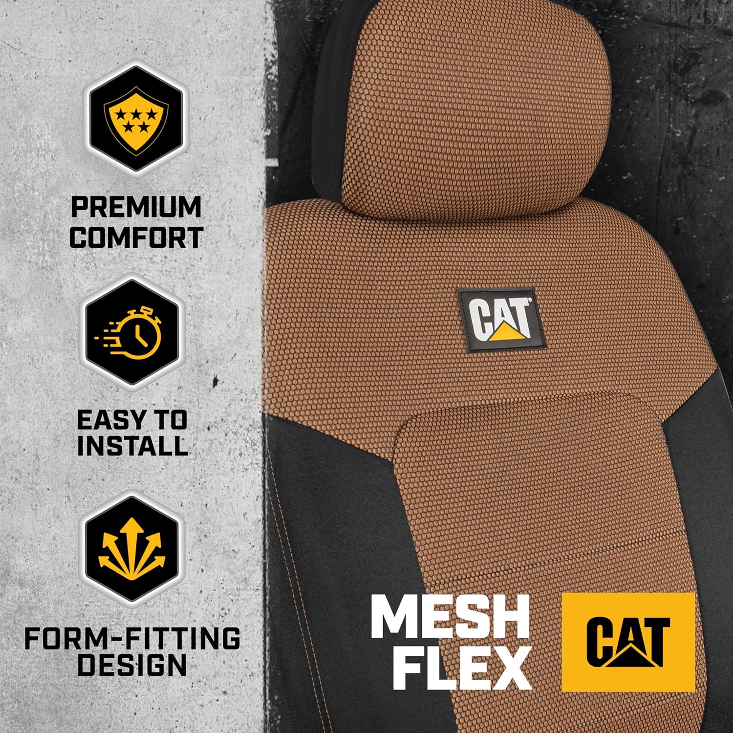 Caterpillar MeshFlex Automotive Seat Covers for Cars Trucks and SUVs (Set of 2) – Brown/Beige Car Seat Covers for Front Seats, Truck Seat Protectors with Comfortable Mesh Back, Auto Interior Covers