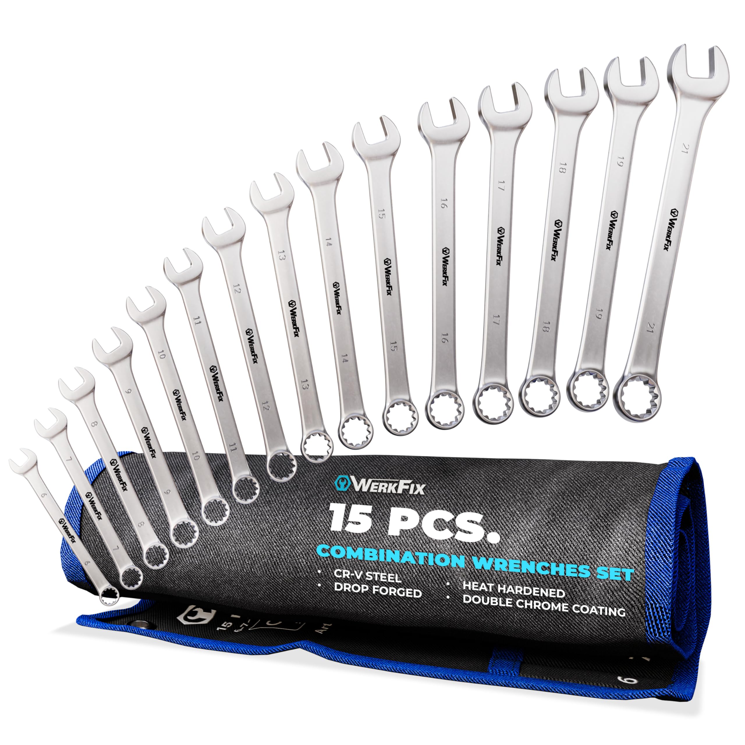 WerkFix Combination Spanner Set 15-Piece 6-21 mm Made of CRV Steel, Laser-Marked, matt-Finished, in tetron roll Bag