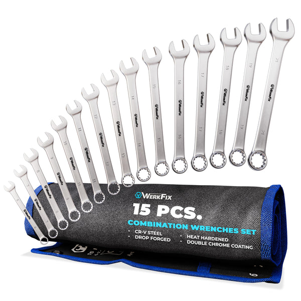 WerkFix Combination Spanner Set 15-Piece 6-21 mm Made of CRV Steel, Laser-Marked, matt-Finished, in tetron roll Bag