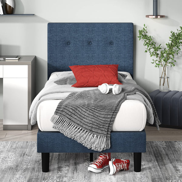 Zinus Omkaram Single Bed frame - Bed 90x190 cm - 36 cm Height - Upholstered Platform Bed frame with Wood slat support - Navy Blue