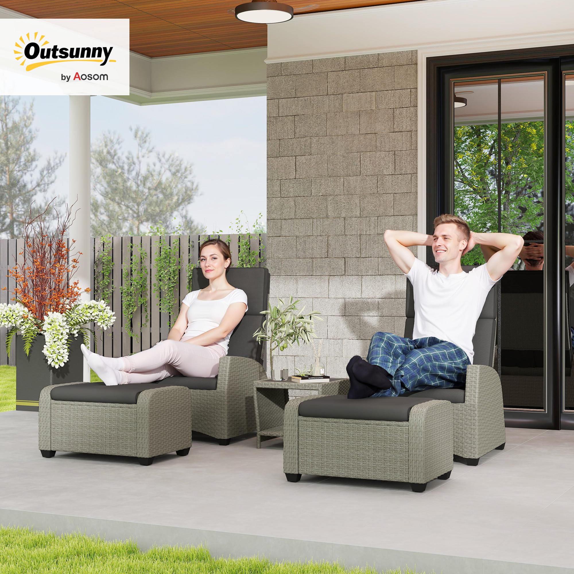 Outsunny 5 Piece Rattan Garden Furniture Set, Garden Reclining Rattan Chairs Set of 2 with Wood-Plastic Composite Table, Footstools and Thick Cushions for Balcony, Patio, Charcoal Grey