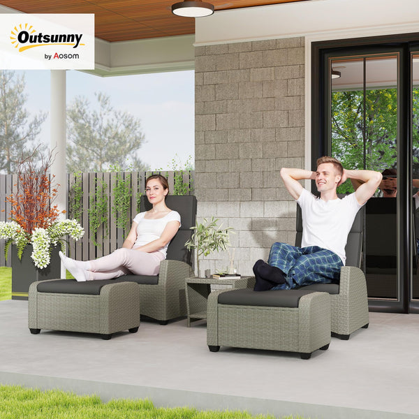 Outsunny 5 Piece Rattan Garden Furniture Set, Garden Reclining Rattan Chairs Set of 2 with Wood-Plastic Composite Table, Footstools and Thick Cushions for Balcony, Patio, Charcoal Grey