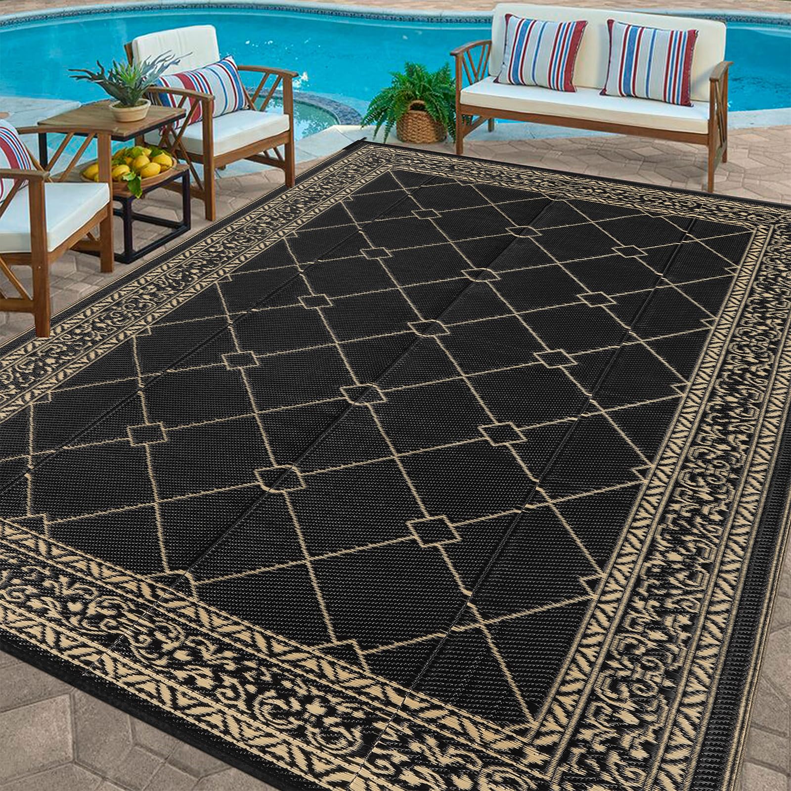 Enyhom Outdoor Rugs for Garden Waterproof, 150 x 240 cm Reversible Plastic Patio Foldable Mat, Portable Easy Cleaning Carpet Rug, Heavy Duty Picnic