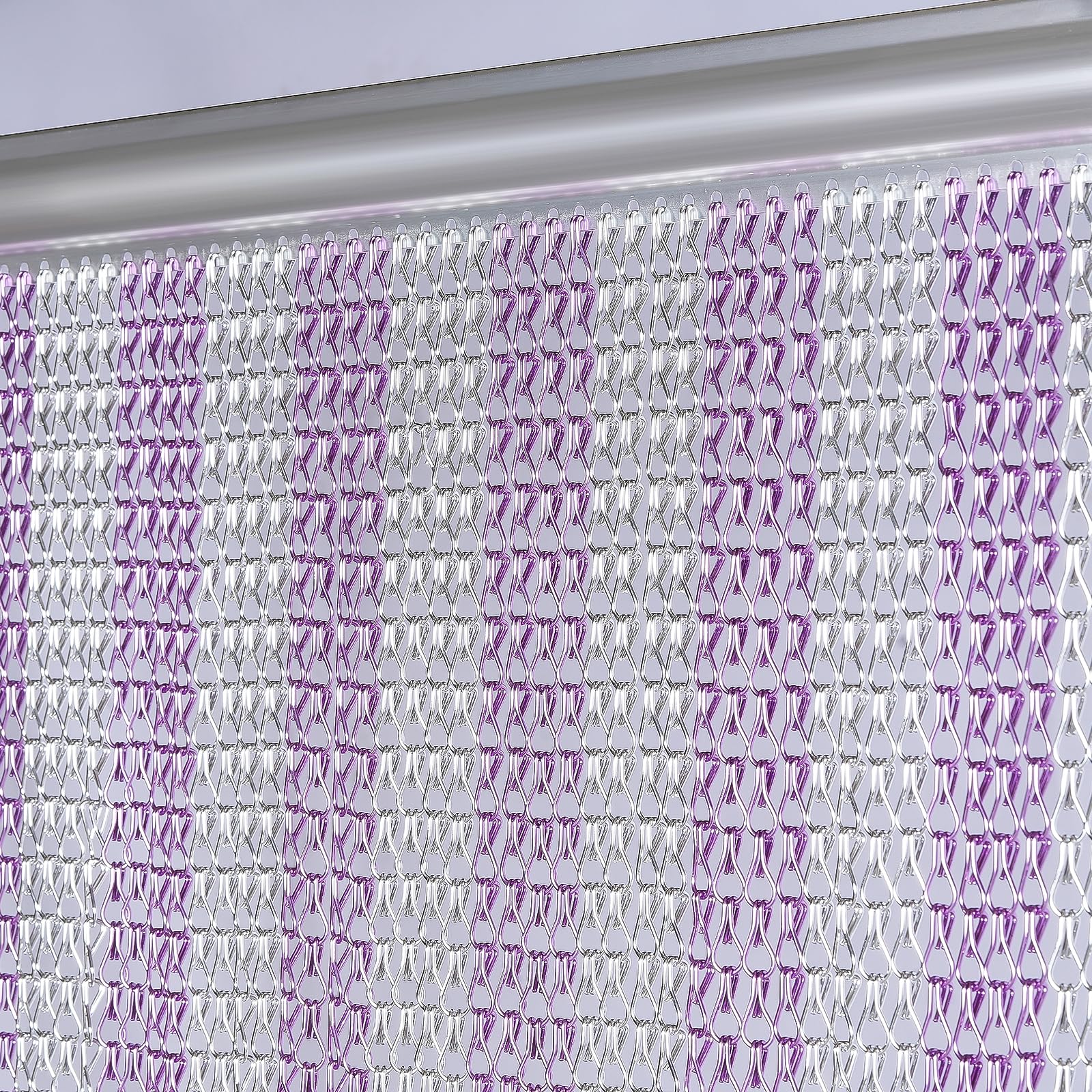 Gluwoer Aluminium Chain Curtain 100 x 210cm Metal Door Fly Screens Insect Control Curtain for Doorways (Silver & Purple)