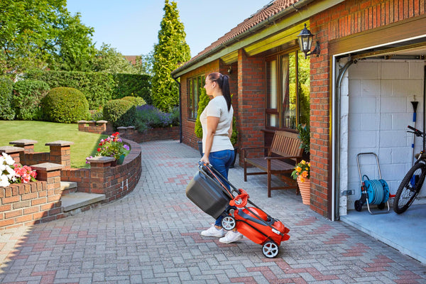 Flymo EasiStore 380R Electric Rotary Lawn Mower - 38 cm Cutting Width, 45 Litre Grass Box, Close Edge Cutting, Rear Roller, Central Height Adjust, Space Saving Storage Features