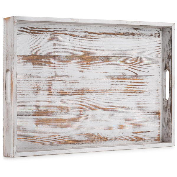 Hanobe Large Serving Ottoman Tray: Extra Large Wood Serving Tray with Handles Rustic White Decorative Coffee Table Trays Farmhouse Home Decor for