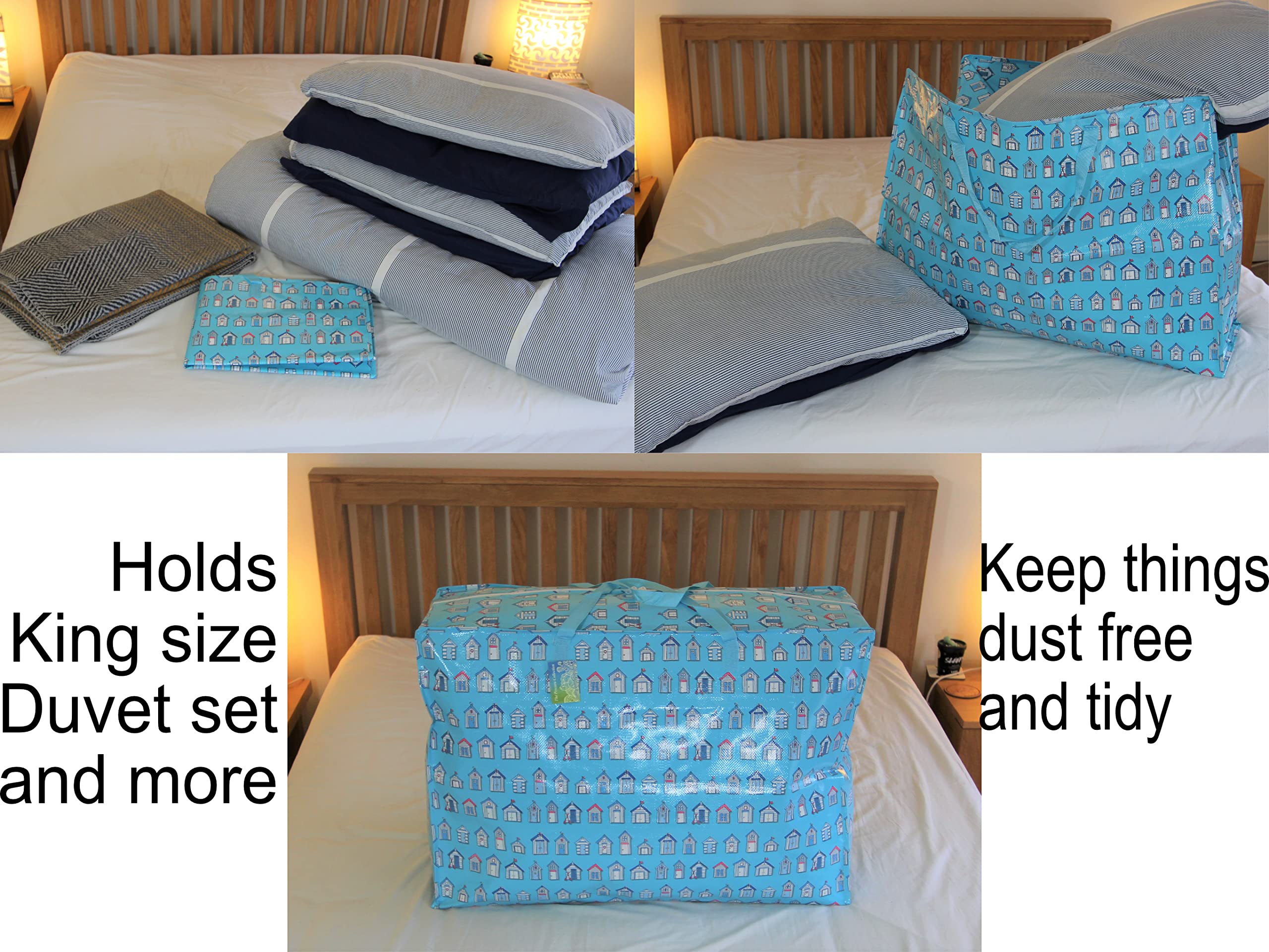 Extra Large Storage Bags Water & Dust Resistant. Double zipped storage bags for toys, laundry, bedding. Underbed Wardrobe Space Saver Blue Beach huts